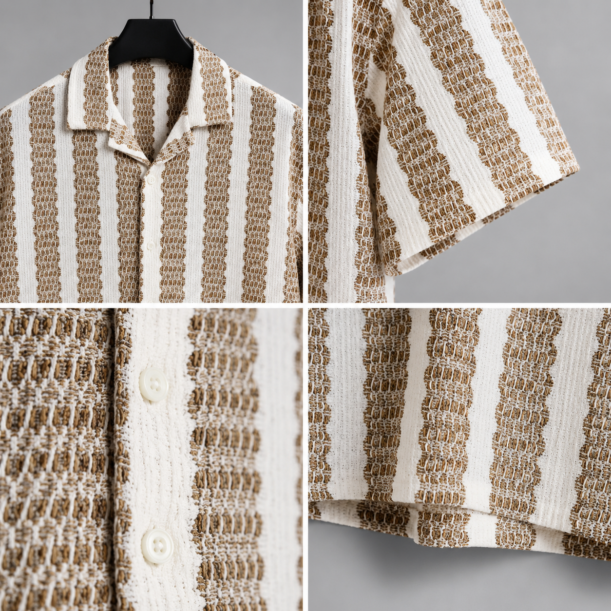 Men's Beige Textured Vertical Stripe Cuban Collar Resort Shirt