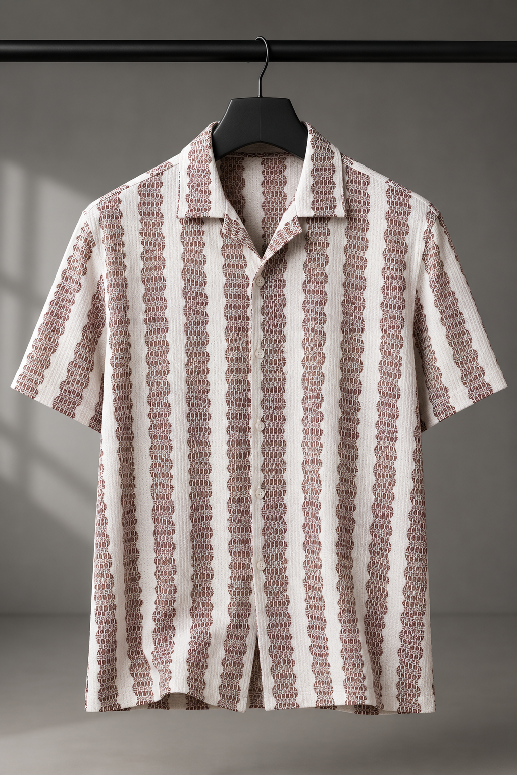 Men's Burgundy Textured Vertical Stripe Cuban Collar Resort Shirt