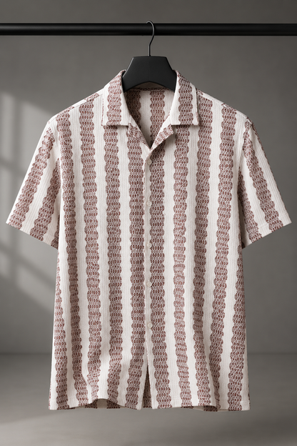 Men's Burgundy Textured Vertical Stripe Cuban Collar Resort Shirt