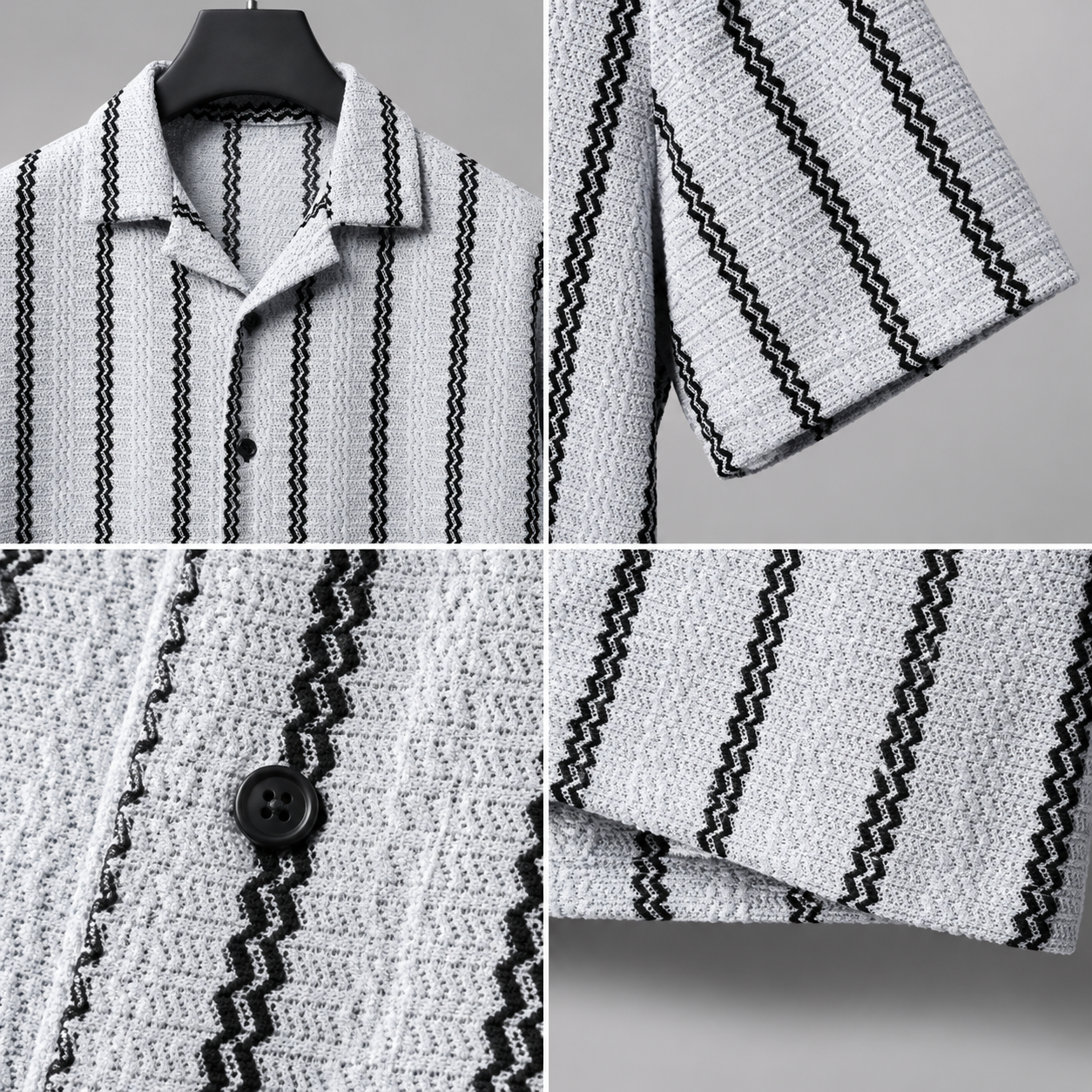 Men's Light Grey Textured Vertical Stripe Knitted Cuban Collar Shirt