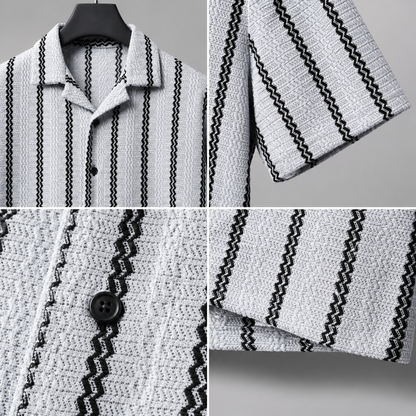 Men's Light Grey Textured Vertical Stripe Knitted Cuban Collar Shirt