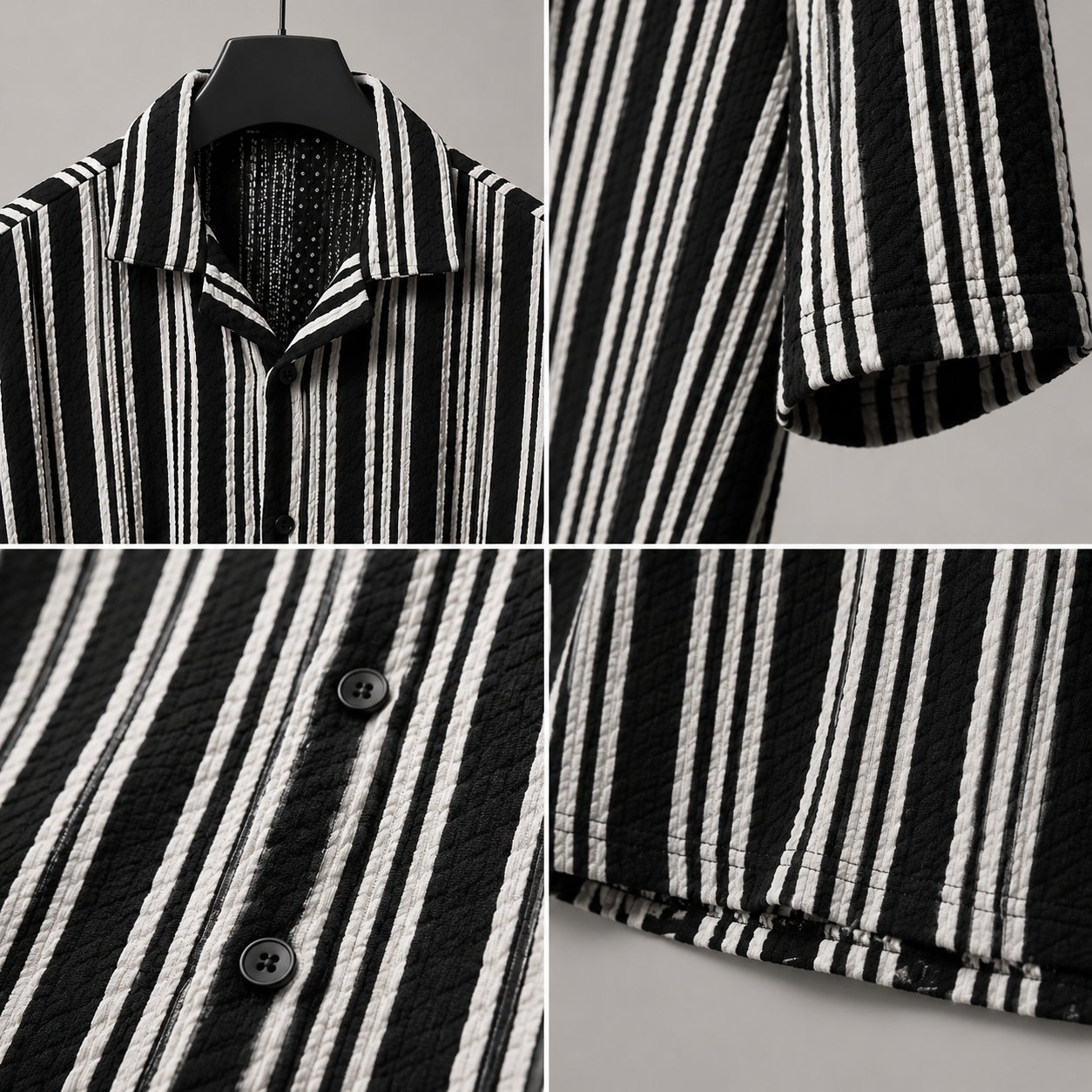 Men's Black & White Vertical Stripe Cuban Collar Casual Shirt