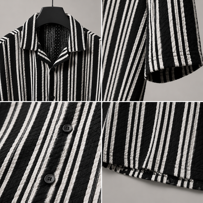 Men's Black & White Vertical Stripe Cuban Collar Casual Shirt